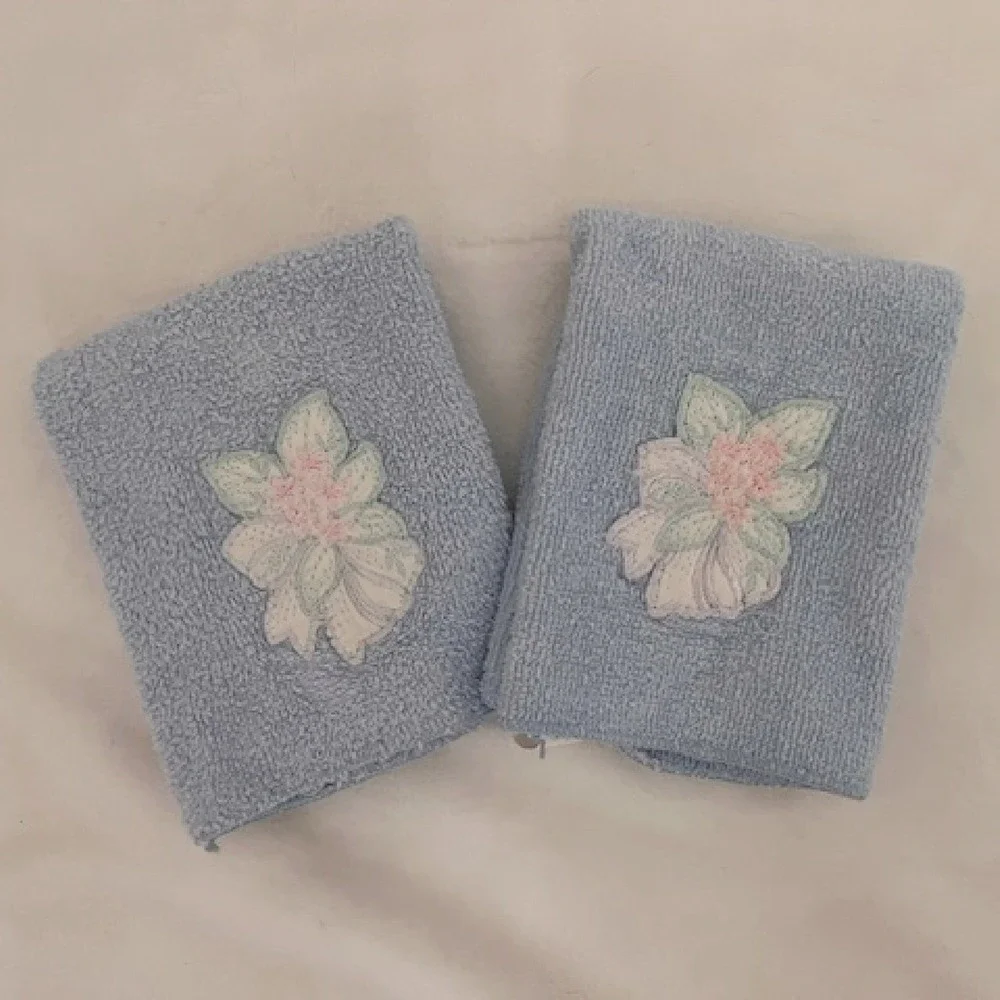 Vintage pair of Embroidered light blue‎ washcloths